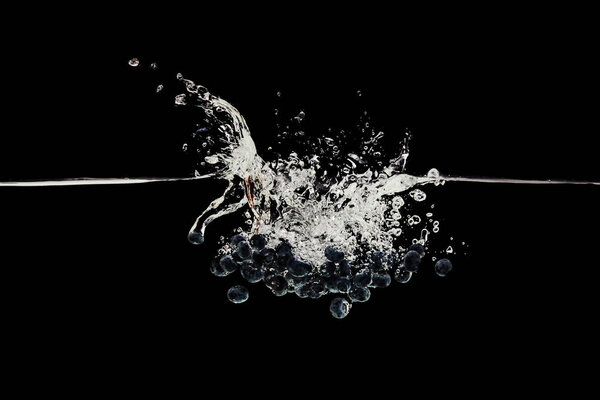 organic ripe blueberries falling in water with splash isolated on black