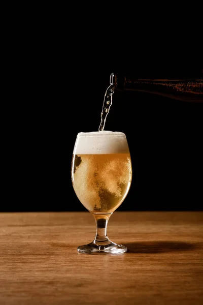 Beer Pouring Bottle Glass Isolated Black — Stock Photo, Image