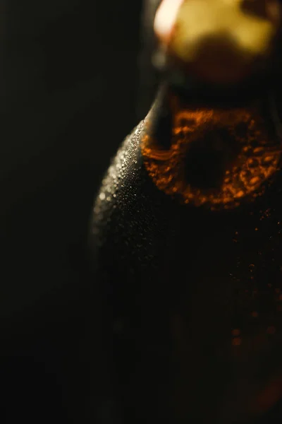 Close View Wet Bottle Beer Bubbles Isolated Black — Stock Photo, Image