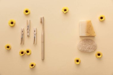 ahşap clothespins üst görünümü, diş fırçası, doğal sabun ve çiçeklerle bej arka plan üzerinde loofah
