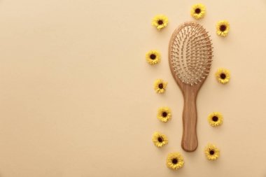 çiçeklerle bej arka plan üzerinde ahşap saç fırçası üst görünümü