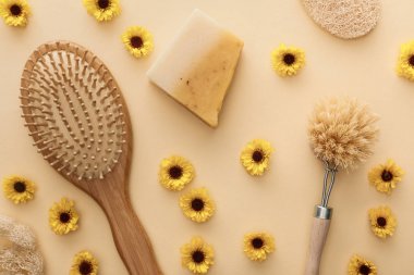 saç fırçası üst görünümü, vücut fırçası, loofah ve çiçeklerle bej arka plan üzerinde sabun parçası