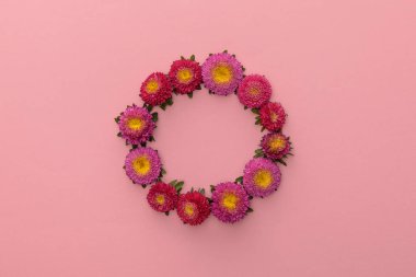 Pembe arkaplanda, kopyalama alanı olan mor asterlerden oluşan çelenk