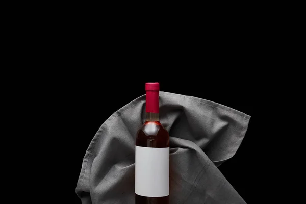 Top View Rose Wine Bottle Blank White Label Grey Napkin — Stock Photo, Image