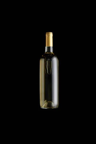 Vista Superior Garrafa Com Vinho Branco Isolado Preto — Fotografia de Stock