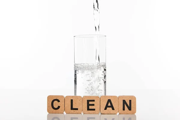 Clear Fresh Water Pouring Glass Cubes Clean Lettering Isolated White — Stock Photo, Image