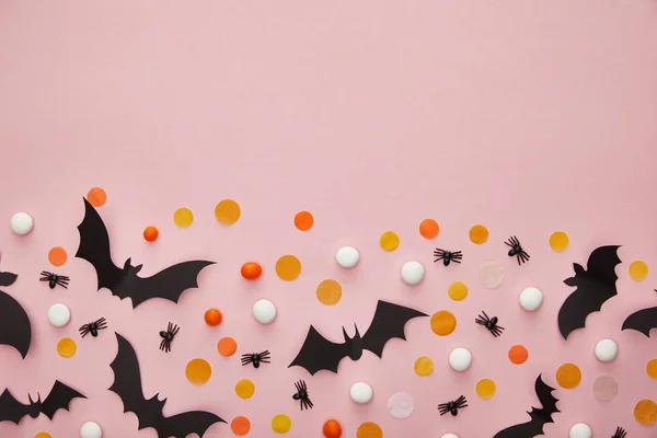 Top View Bats Spiders Confetti Pink Background Halloween Decoration — Stock Photo, Image