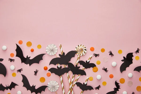 Top View Bats Spiders Confetti Pink Background Halloween Decoration — Stock Photo, Image