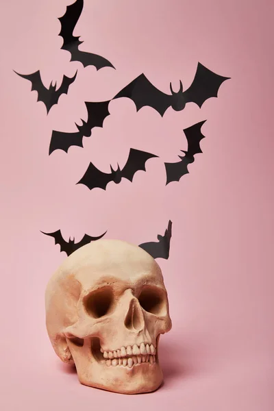Crânio Humano Assustador Com Morcegos Fundo Rosa Decoração Halloween — Fotografia de Stock