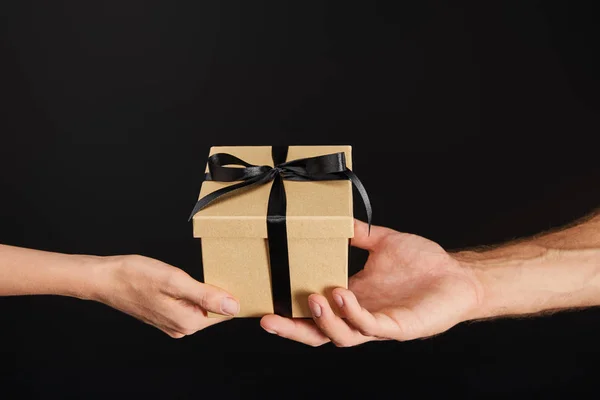 Cropped View Man Woman Holding Cardboard Gift Box Ribbon Isolated — Stock Photo, Image