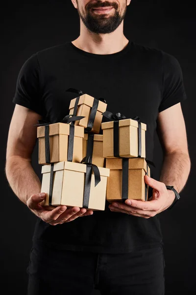 Cropped View Smiling Man Holding Cardboard Gift Boxes Ribbons Isolated — Stock Photo, Image