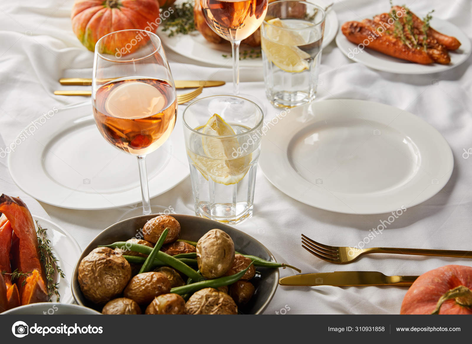 Festive Thanksgiving Dinner Baked Vegetables Glasses Rose Wine