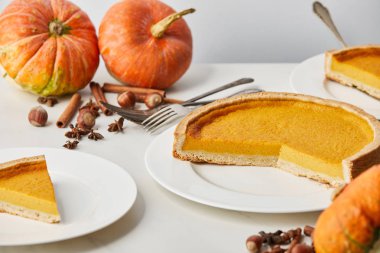 Balkabağı, çatal bıçak ve baharatların yanında lezzetli balkabağı turtası ve gri tabaklar. 