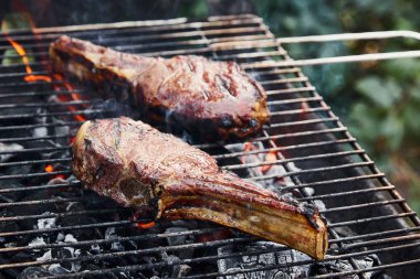 Barbekü ızgarasında leziz et ızgarası ve dışarıda kömür parçaları. 