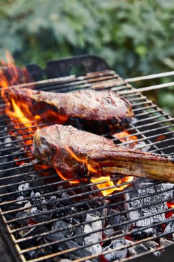 Barbekü ızgarasında leziz et ızgarası ve dışarıda kömür parçaları. 