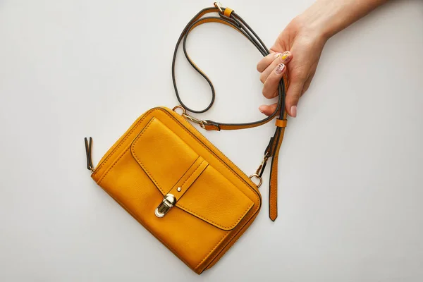 Cropped View Woman Holding Yellow Stylish Bag Isolated Grey — Stock Photo, Image