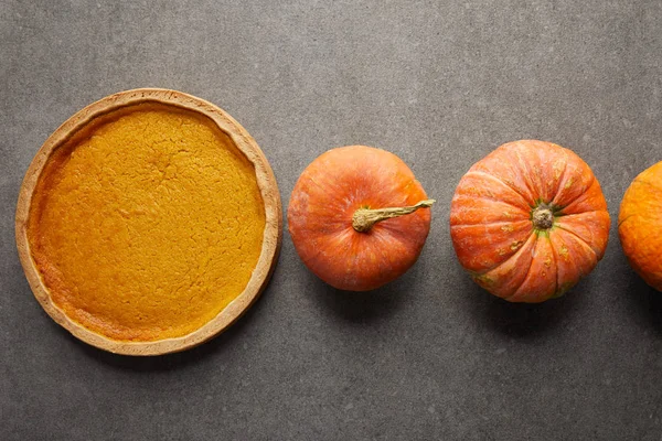 Top View Delicious Pumpkin Cake Whole Fresh Pumpkins Grey Stone — Stock Photo, Image