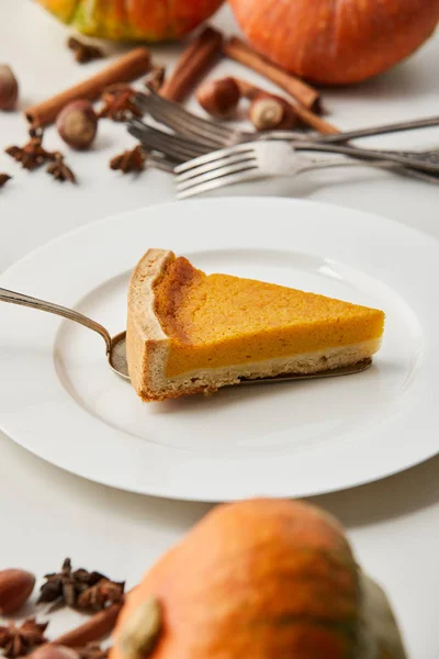 Selective Focus Tasty Pumpkin Pie Cutlery Spices Isolated Grey — Stock Photo, Image