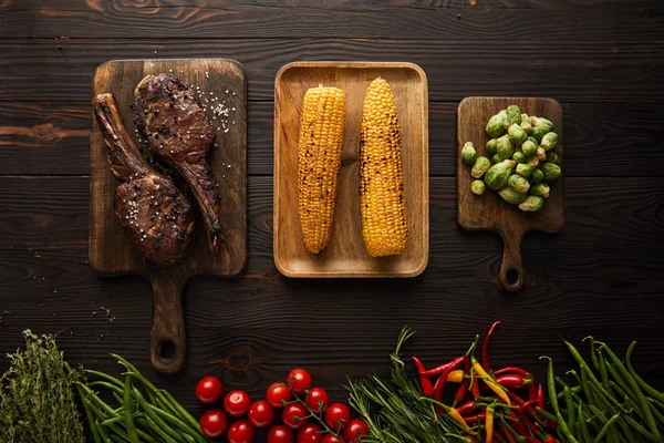 Top View Meat Corn Chili Peppers Cherry Tomatoes Green Peas — Stock Photo, Image