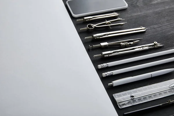 White Paper Copy Space Compasses Ruler Pencils Smartphone Pen Black — Stock Photo, Image