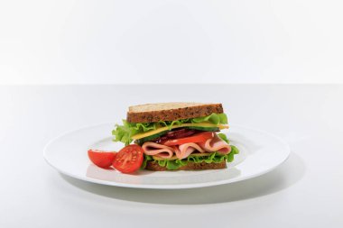 Marullu, jambonlu, peynirli, pastırmalı ve domatesli taze sandviç.