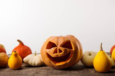 Halloween pumpkins on wooden rustic table isolated on white clipart