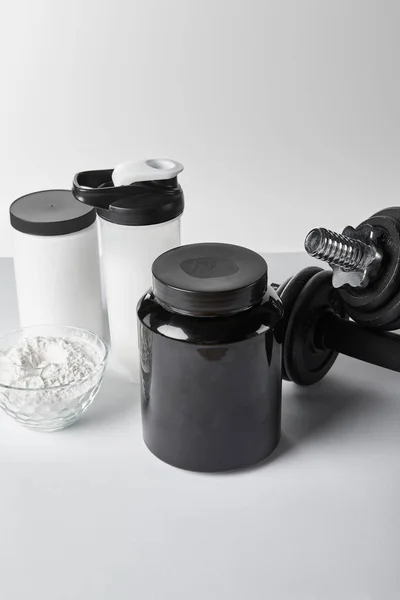 Jars Sports Bottle Bowl Protein Powder White — Stock Photo, Image