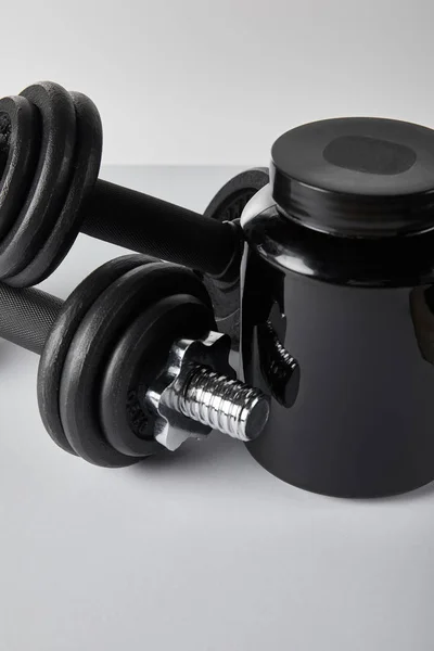 Jar Protein Heavy Dumbbells White — Stock Photo, Image