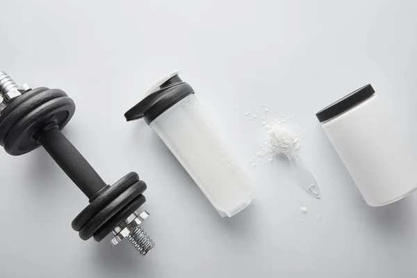 Top View Spoon Protein Dumbbell Sports Bottle White — Stock Photo, Image