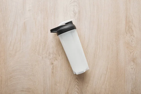 Vue Dessus Bouteille Sport Avec Shake Protéiné Sur Surface Bois — Photo