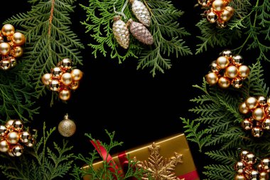 Parlak altın noel süslemeleri, yeşil thuja dalları ve siyah üzerine izole edilmiş hediye kutusu.