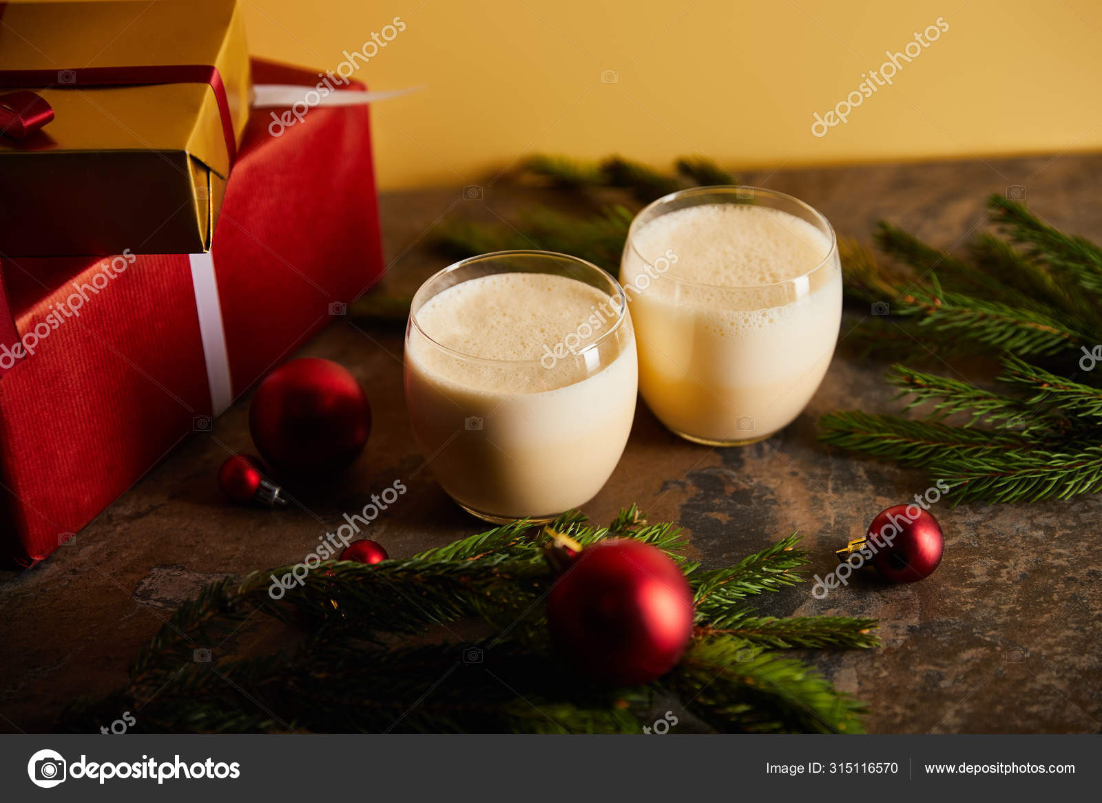 Traditional Eggnog Cocktail Gift Boxes Spruce Branches Christmas Balls