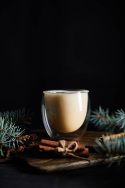 Spruce dallarının yanında nefis eggnog kokteyli ve siyah üzerine izole edilmiş tarçın çubukları.