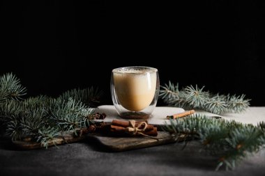 Spruce dallarının yanında nefis eggnog kokteyli, tarçın çubukları ve siyah üzerine saçılmış toz şeker.