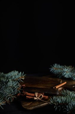 spruce branches, cutting boards and cinnamon sticks isolated on black with copy space clipart