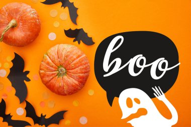 top view of pumpkin, bats and confetti on orange background with boo and ghost illustration, Halloween decoration clipart