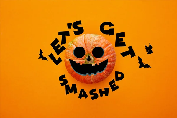 Top View Pumpkin Orange Background Lets Get Smashed Illustration Halloween — Stock Photo, Image