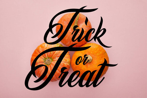 top view of pumpkin on pink background with trick or treat illustration, Halloween decoration