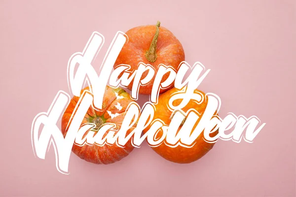 Widok Góry Dyni Różowym Tle Szczęśliwą Ilustracją Halloween Halloween Dekoracji — Zdjęcie stockowe