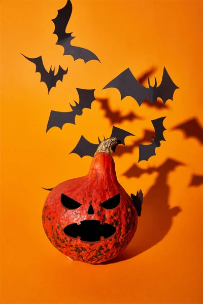 Spooky Pumpkin Paper Bats Shadow Orange Background Halloween Decoration — Stock Photo, Image