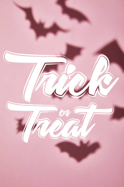 shadow of flying bats on pink background with trick or treat illustration