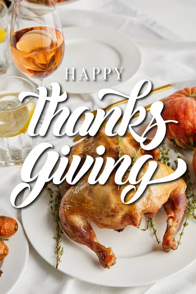 Grilled Turkey Glasses White Wine Lemon Water White Tablecloth Happy — Stock Photo, Image