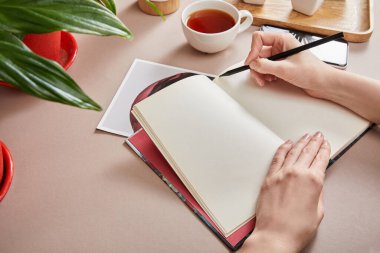 Yeşil bitki, çay fincanı, bej üzerine akıllı telefon yazan bir kadın çizelgesi.