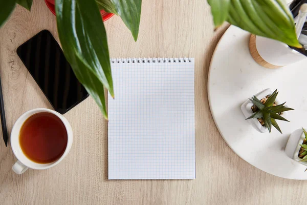 Top View Green Plants Cup Tea Blank Notebook Smartphone Wooden — Stock Photo, Image