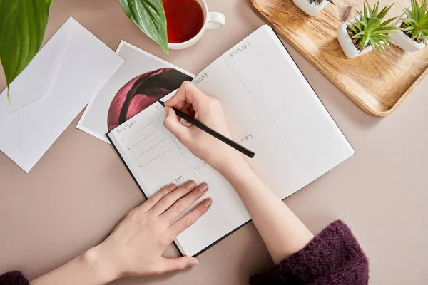 Cropped View Woman Writing Planner Green Plants Wooden Board Cup — Stock Photo, Image