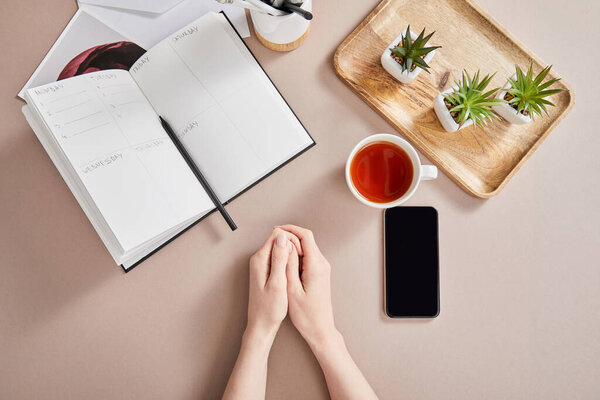 top view of female hands, smartphone near green plants on wooden board, cup of tea, planner with pencil on beige surface