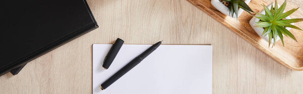 вид сверху на зеленые растения, черные тетради, белую бумагу с ручкой на деревянной поверхности, панорамный снимок
