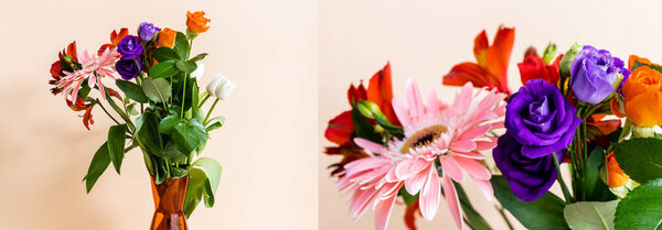 collage of floral composition with bouquet in orange vase on beige background, panoramic crop