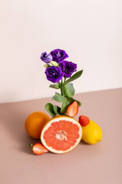 Çiçek ve meyve kompozisyonu mor Eustoma ve bej üzerine izole yaz meyveleri