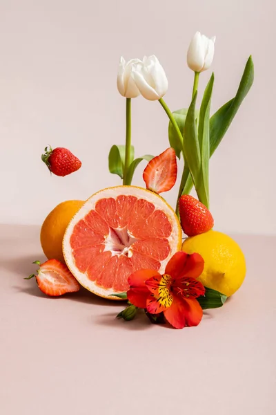 Floral Fruit Composition Tulips Red Alstroemeria Summer Fruits Isolated Beige — Stock Photo, Image